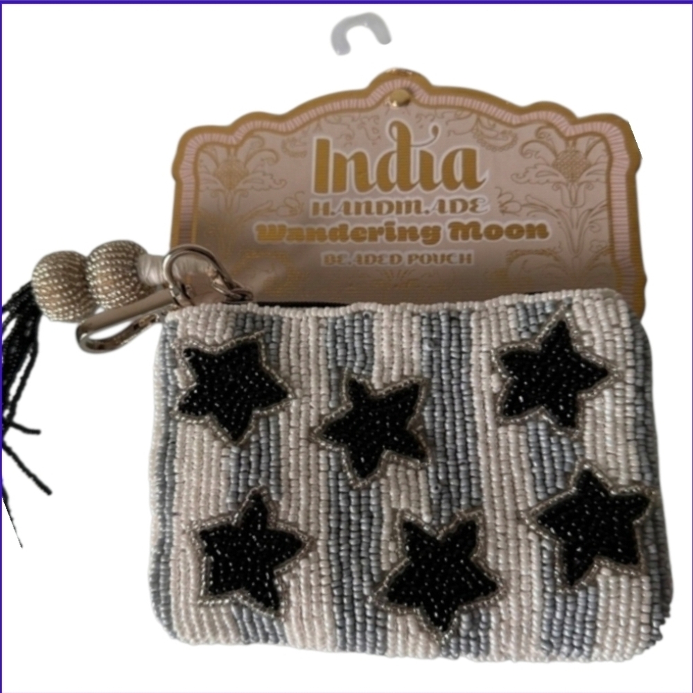 🩶▪️Wandering moon▪️ Blue White Striped Beaded Star zipper Pouch Beaded Tassle